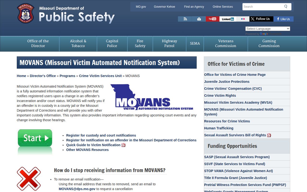 Perry County Missouri MOVANS custody and court-status notification resource