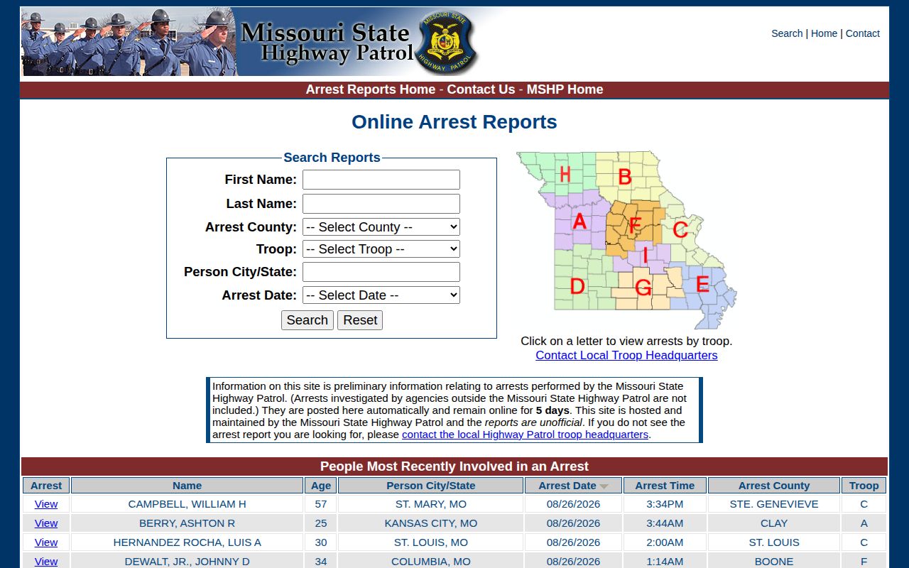 Perry County Missouri State Highway Patrol preliminary arrest-record search